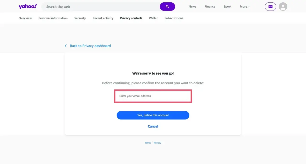 Page de confirmation pour comment supprimer une adresse mail Yahoo. Saisissez votre adresse pour effacer le compte.