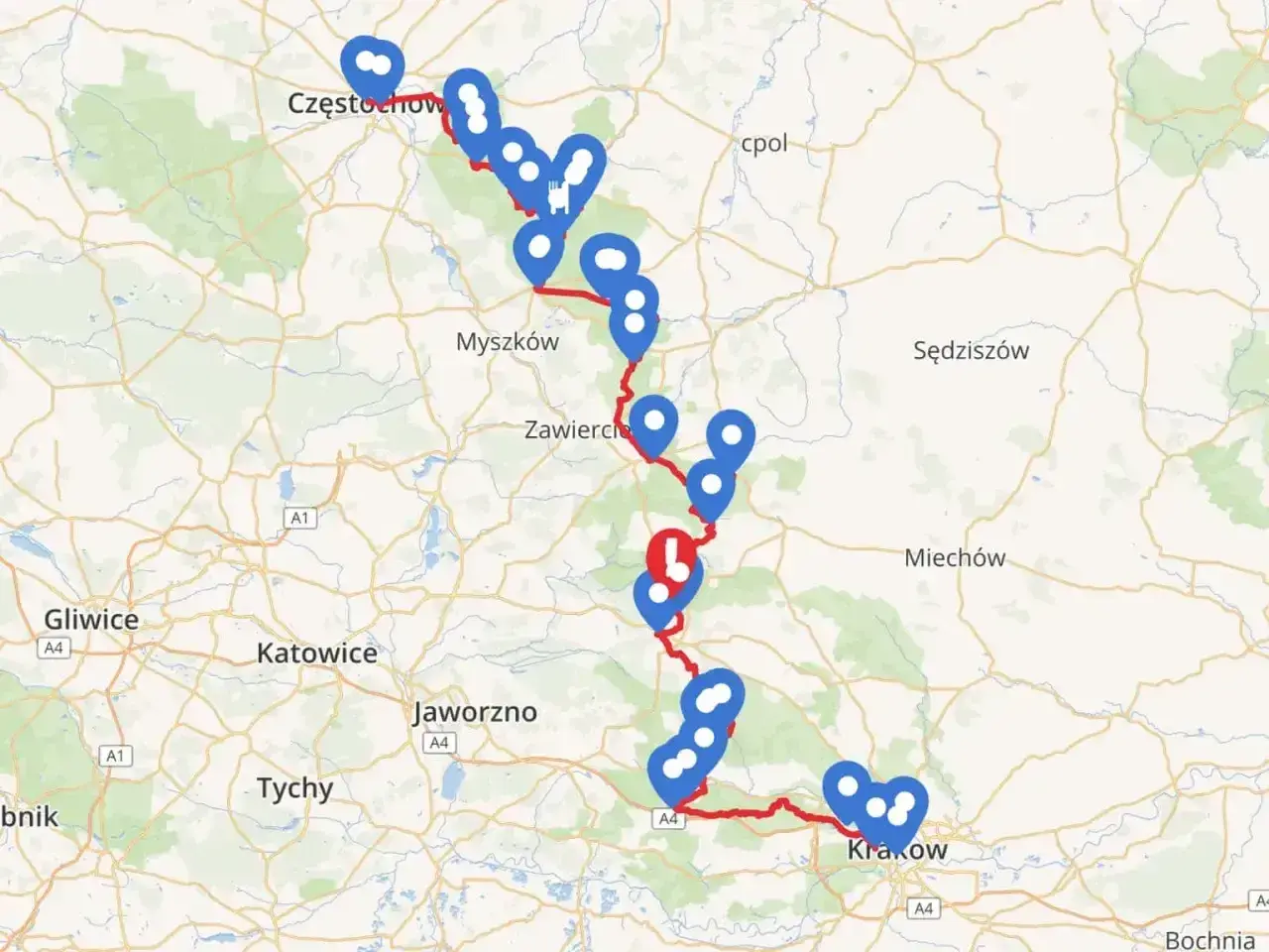 Mapa z zaznaczonym szlakiem Orlich Gniazd samochodem, od Częstochowy po Kraków, z licznymi punktami widokowymi.