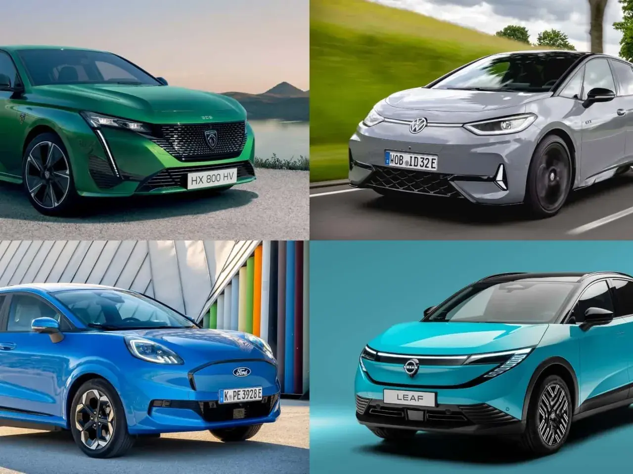 Anteprima delle auto elettriche 2026: Peugeot verde, VW grigia, Ford blu e Nissan Leaf azzurra.