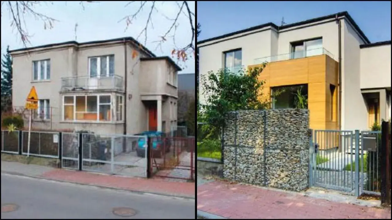 Przed i po: odnowiony dom kostka zyskał nowoczesny wygląd, nową elewację i kamienny mur.