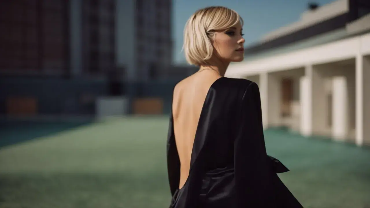 Une femme blonde porte une élégante robe collant noir, le dos nu, dans un décor urbain moderne.