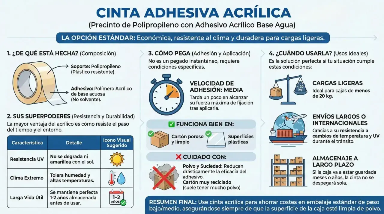 Cinta adhesiva acrílica, con adhesivo elástico, ideal para cargas ligeras, envíos y almacenaje a largo plazo.