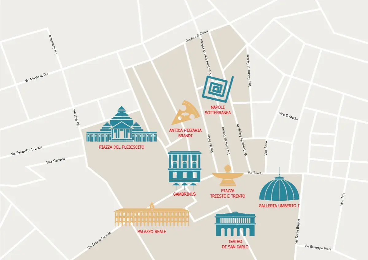 Mappa stilizzata di Napoli con icone per Piazza del Plebiscito, Palazzo Reale, Napoli Sotterranea, Antica Pizzeria Brandi, Teatro di San Carlo e Galleria Umberto I.
