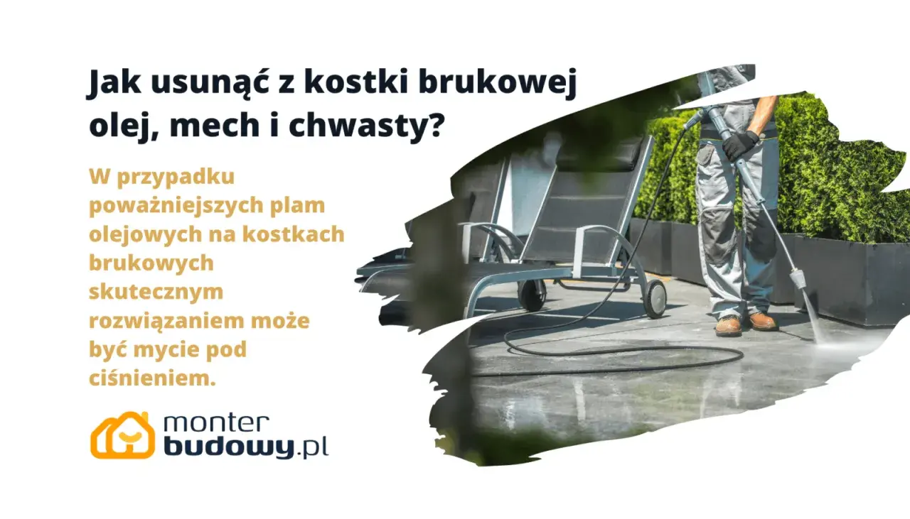 Mycie pod ciśnieniem to skuteczne rozwiązanie, gdy zastanawiasz się, czym wyczyścić kostkę brukową z oleju, mchu i chwastów.