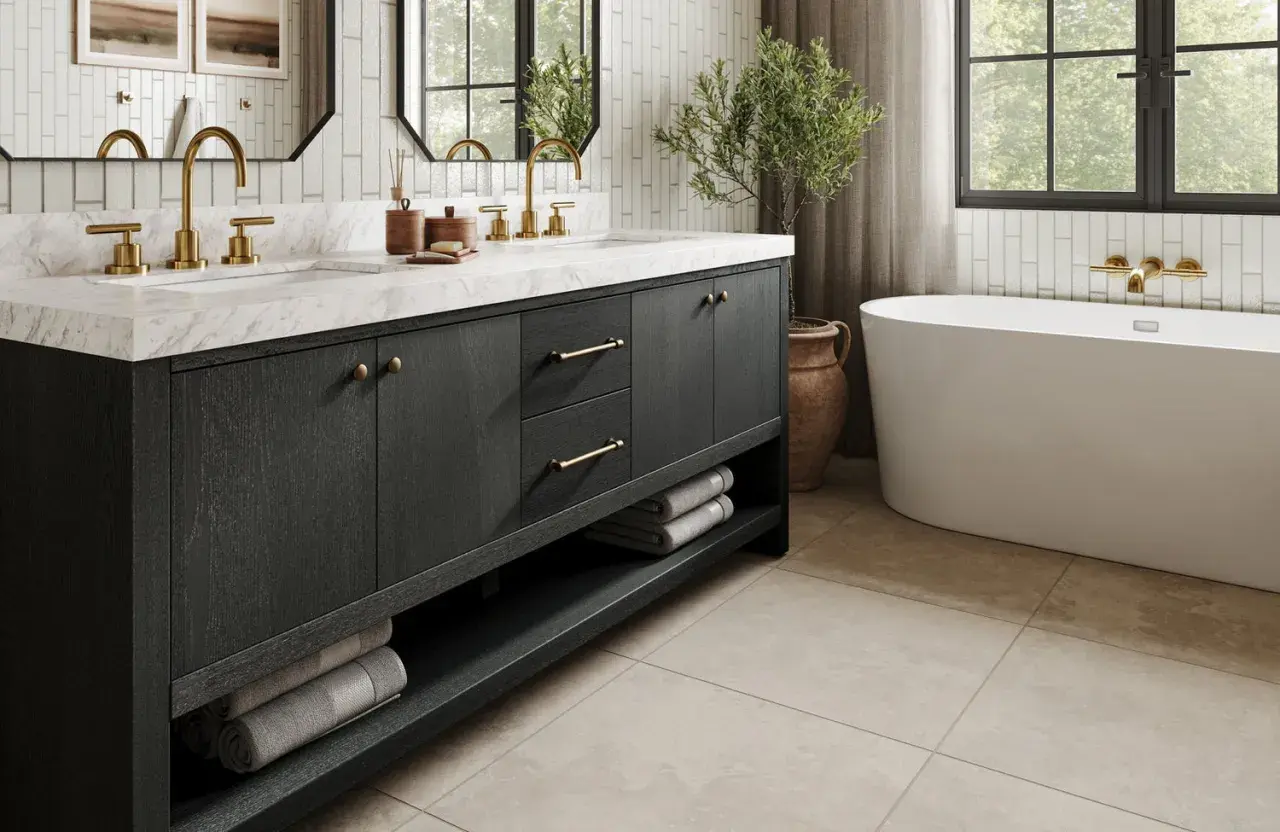 Elegant small bathroom ideas featuring a dark wood vanity with brass hardware, marble countertop, and a freestanding tub.