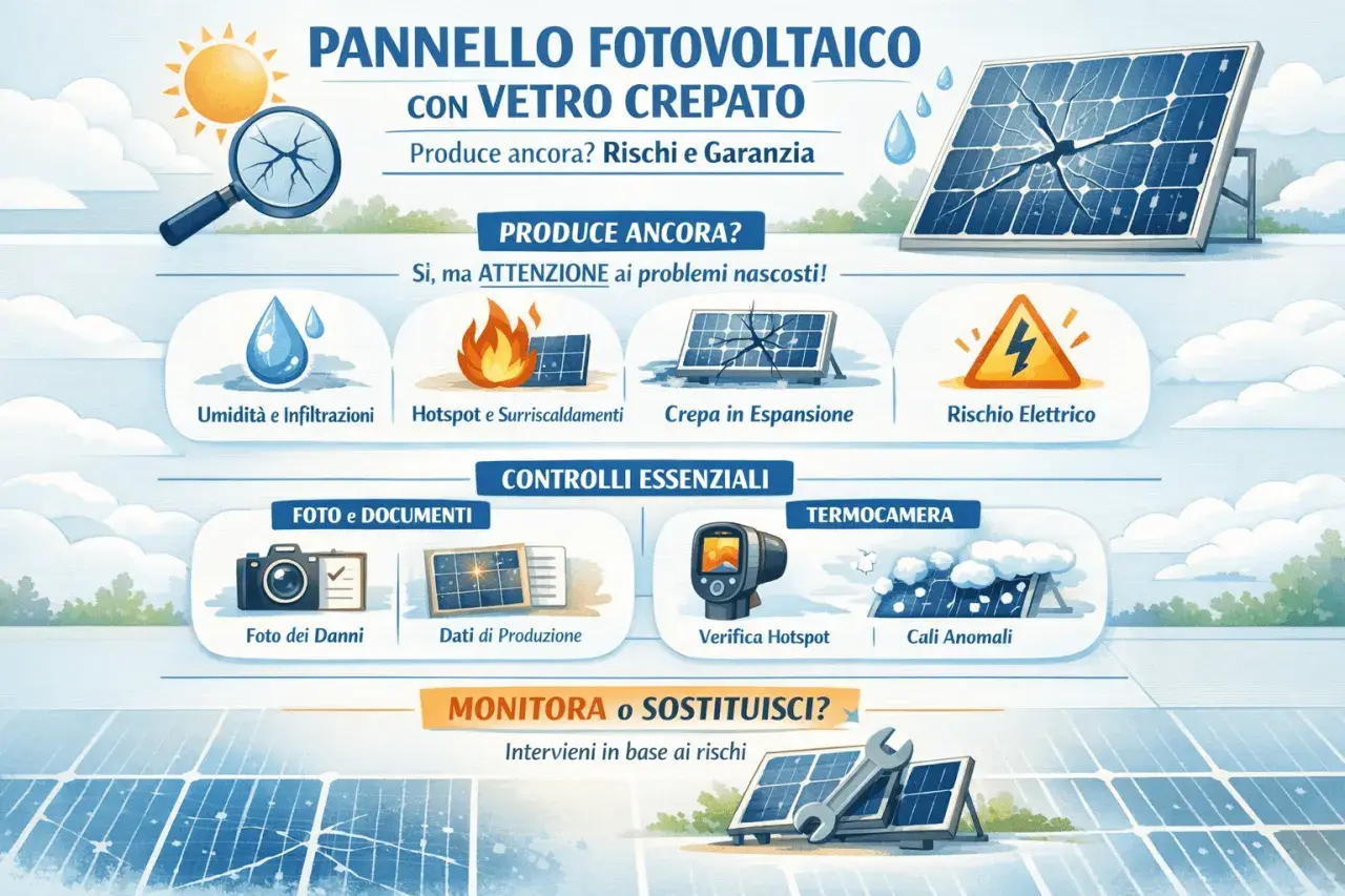 Pannello fotovoltaico con vetro crepato: controlli essenziali per monitorare o sostituire, attenzione ai rischi nascosti.