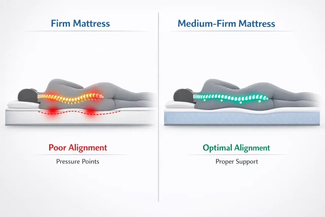 Diagram shows a firm mattress causing poor spinal alignment and pressure points, while a medium-firm mattress offers optimal alignment. This is key for the best mattress 2026.