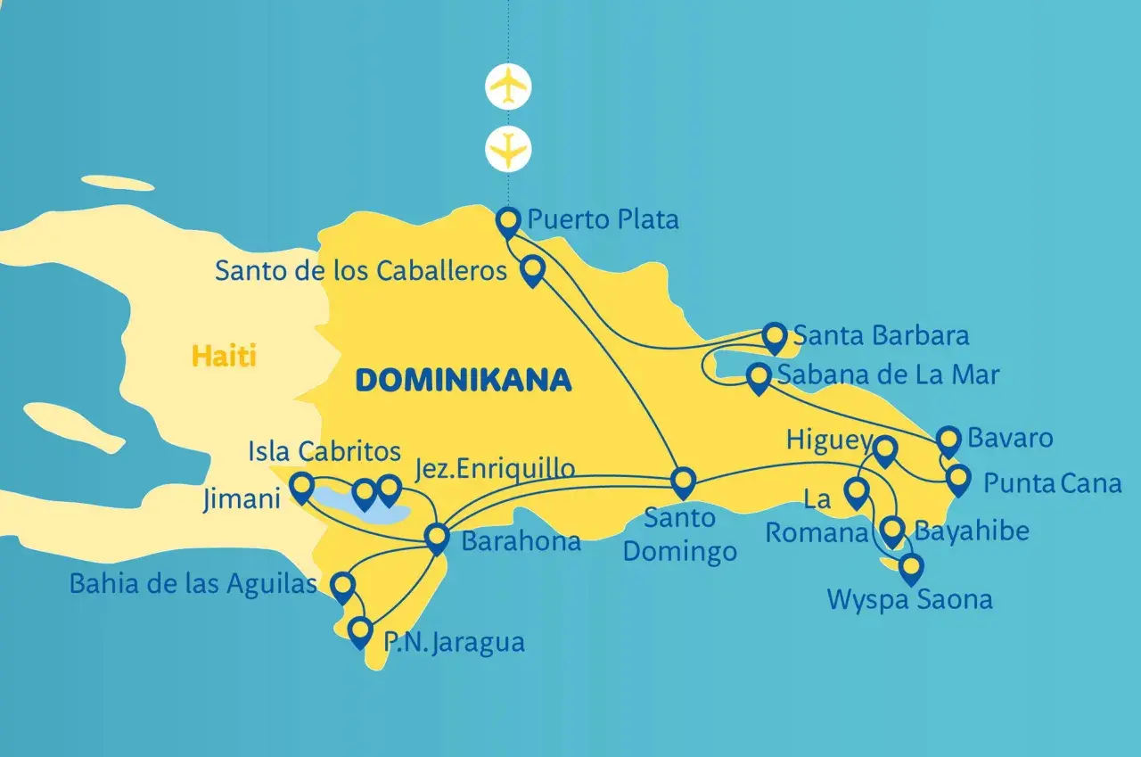 Mapa Dominikany z zaznaczonymi atrakcjami: Puerto Plata, Santo Domingo, Punta Cana. Planujesz podróż? Zobacz, co warto zobaczyć w Dominikanie!
