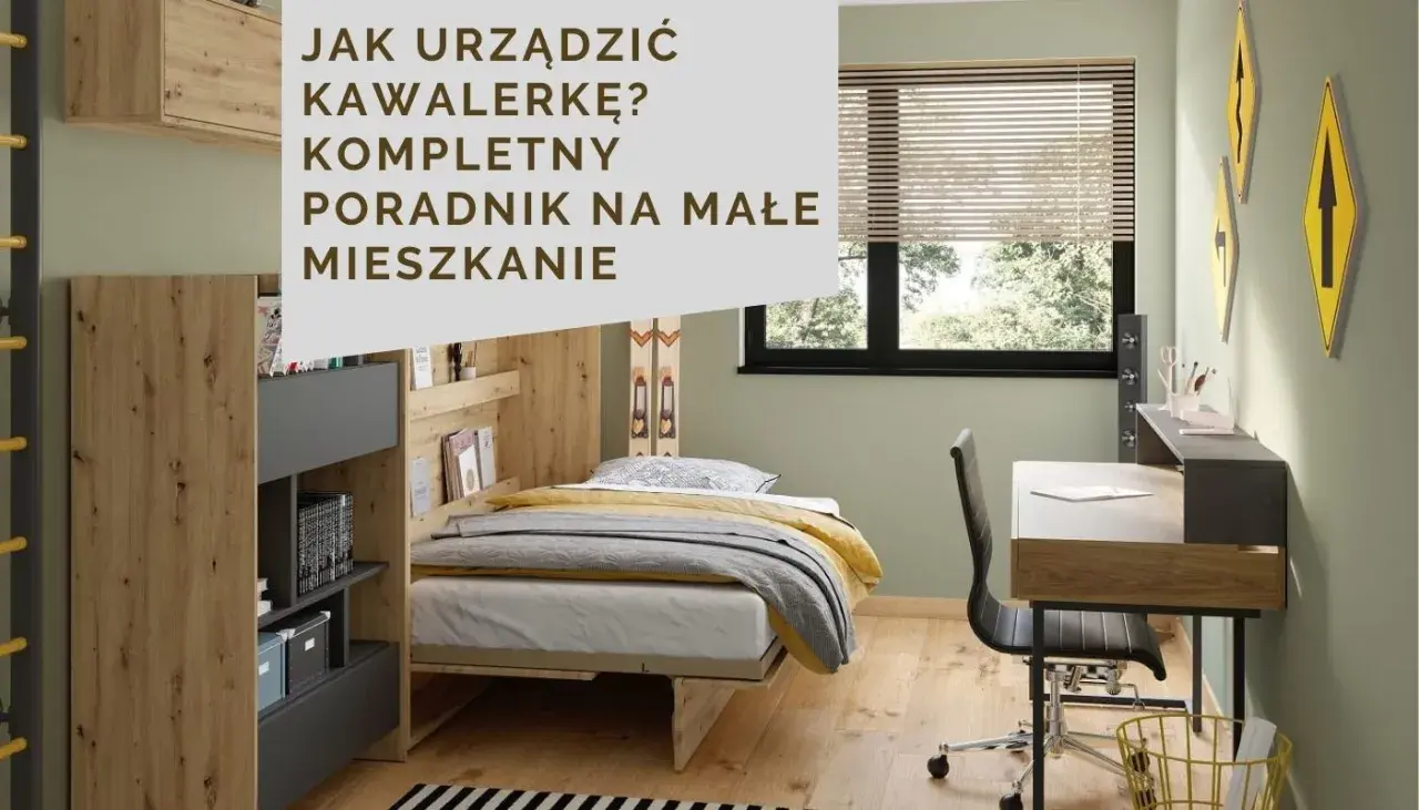Urzadzona kawalerka: łóżko, biurko i regały tworzą funkcjonalną przestrzeń. Poradnik na małe mieszkanie.