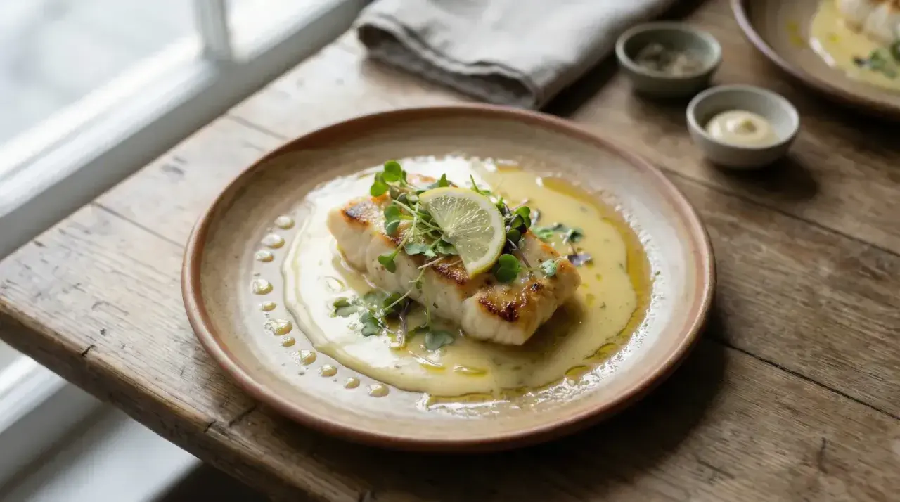 En perfekt tillagad fiskfilé med en krämig beurre blanc-sås, toppad med citron och örter.