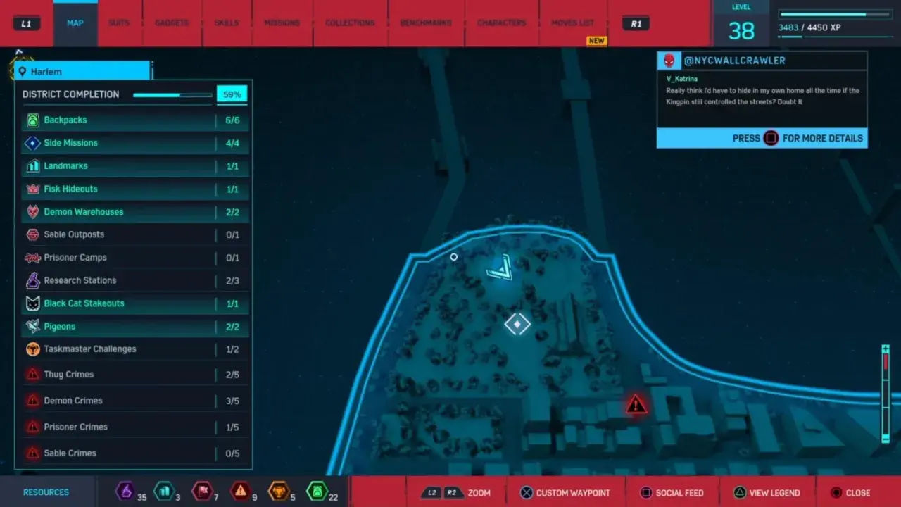 Mapa Spider-Man 2 z postępem w dzielnicy Harlem. Widać listę zadań i ukończonych aktywności, takich jak kryjówki Fisk, magazyny demonów i gołębie.
