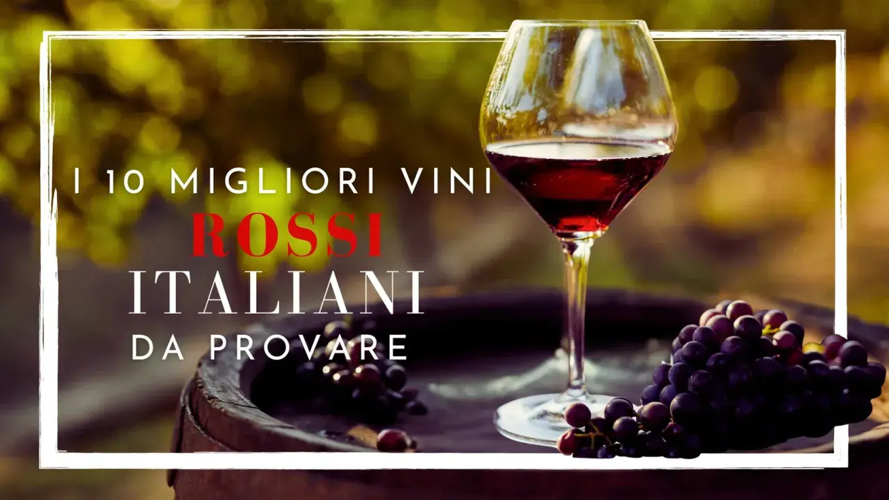 Un calice di rosso rubino, uva e un barile: l'essenza del miglior vino rosso italiano da scoprire.