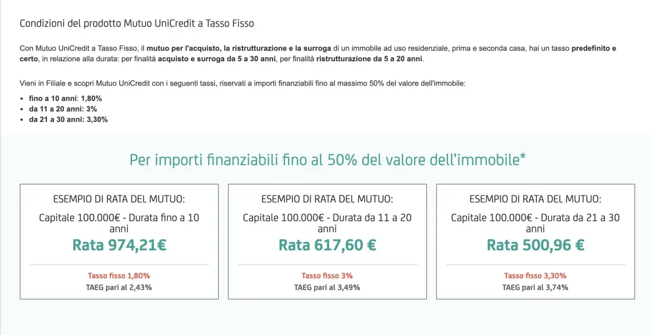 Esempi di rata mutuo UniCredit con diverse durate, fino a 30 anni, per acquisto o ristrutturazione. Scopri l'età massima mutuo UniCredit.