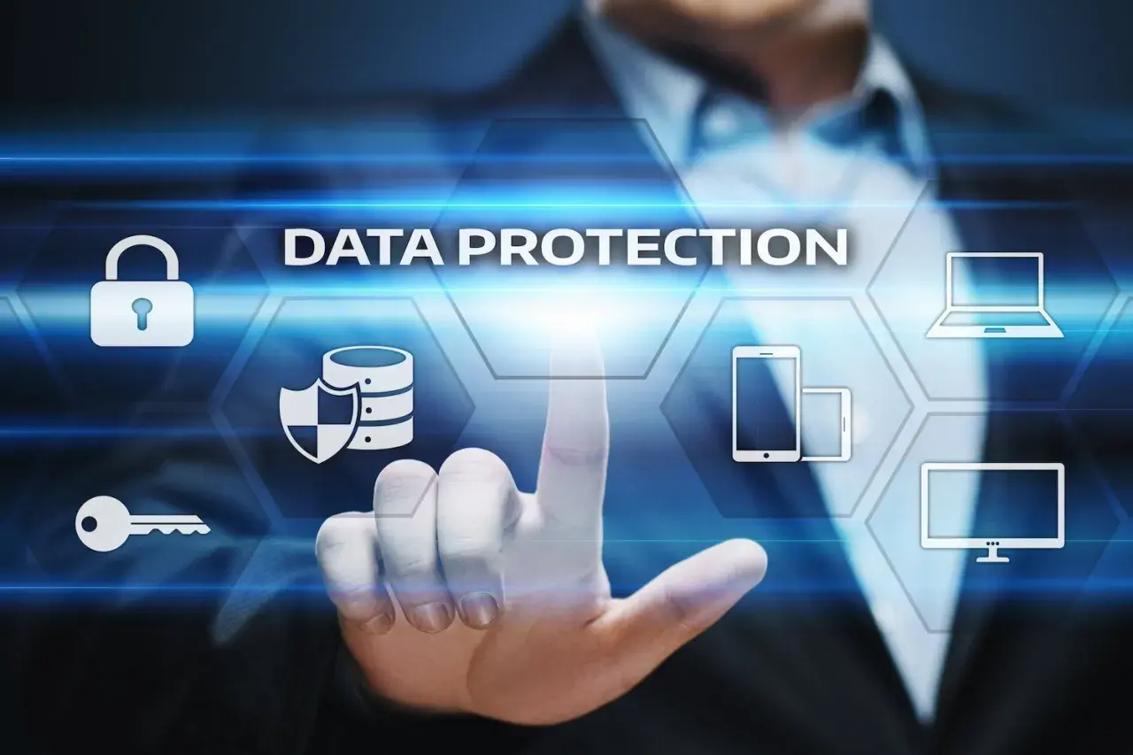 Securing government data storage with a touch. Icons represent data, security, and devices.