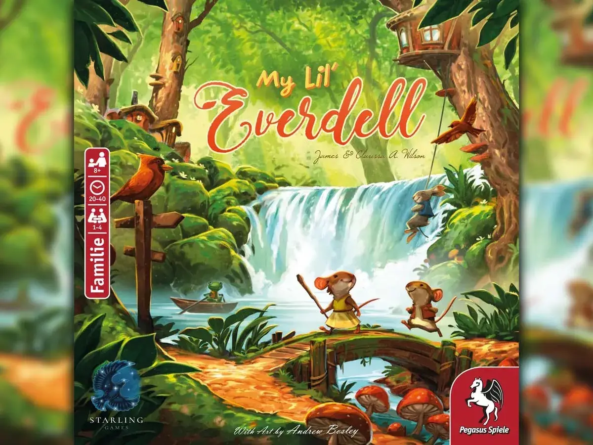 Das Cover des Spiels "My Lil' Everdell" zeigt eine idyllische Waldszene mit Mäusen, die über eine Brücke laufen. Ein Spiel, das den Geist des "Spiel des Jahres" einfängt.