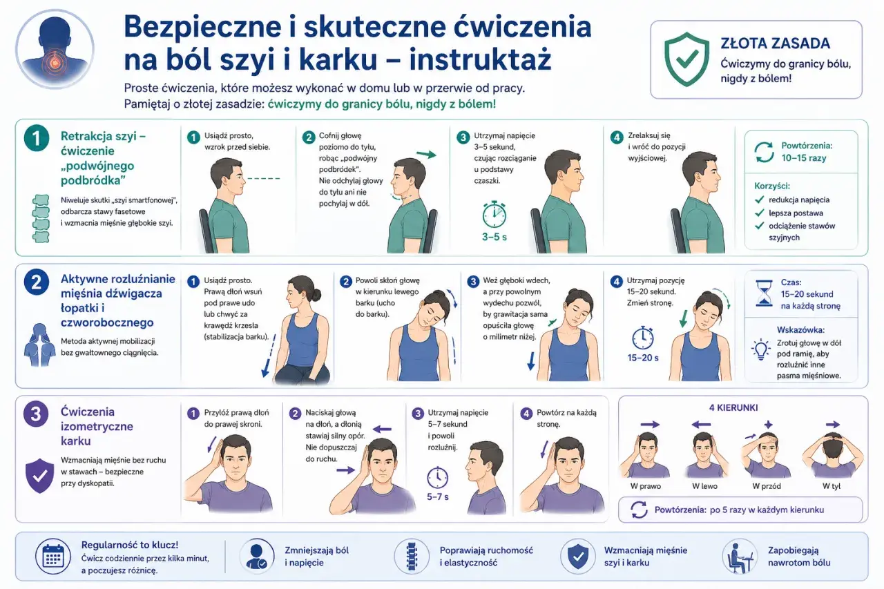 Ćwiczenia na wiotkość krtani i ból szyi: retrakcja szyi, rozluźnianie mięśni, ćwiczenia izometryczne. Poprawiają postawę i redukują napięcie.