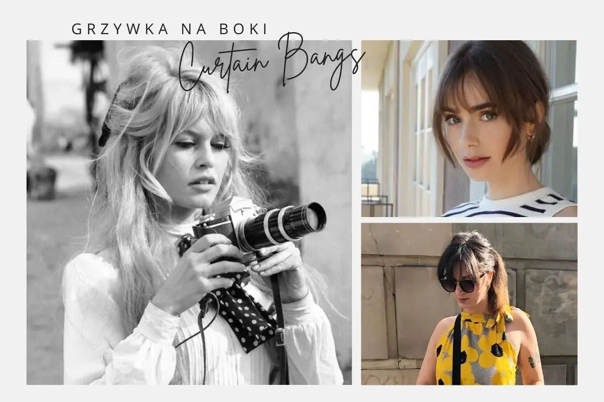 Kolaż zdjęć: Brigitte Bardot z aparatem, Lily Collins i kobieta w żółtej bluzce, wszystkie z grzywką.