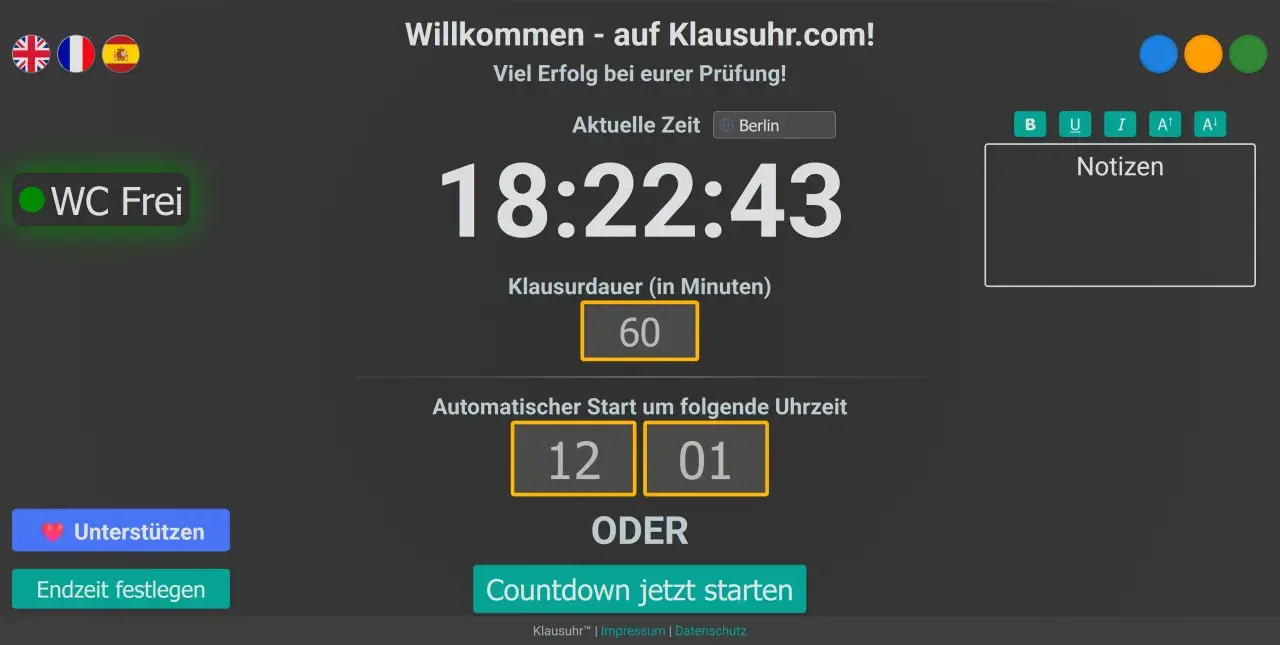 Digitale Uhr für eine proctoring klausur mit Countdown, Zeitangabe und Notizfeld.