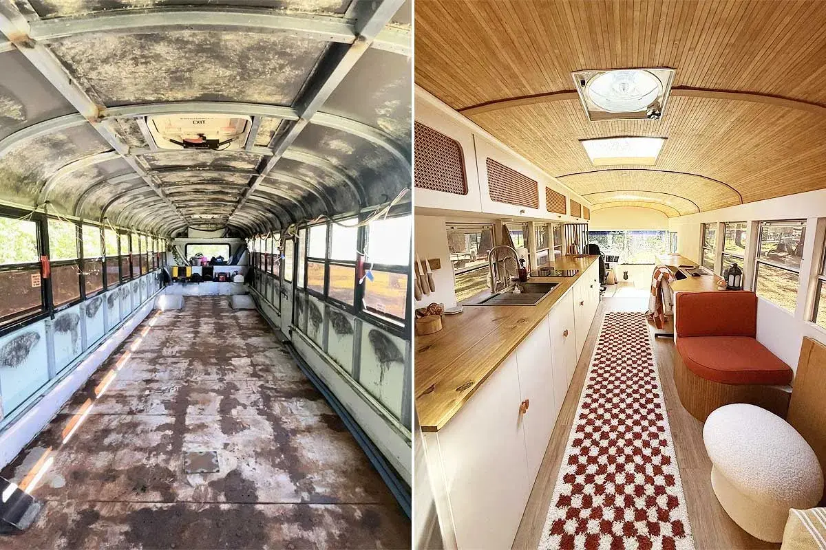 Avant/après : un bus aménagé en habitation confortable, avec cuisine, coin repas et banquette.
