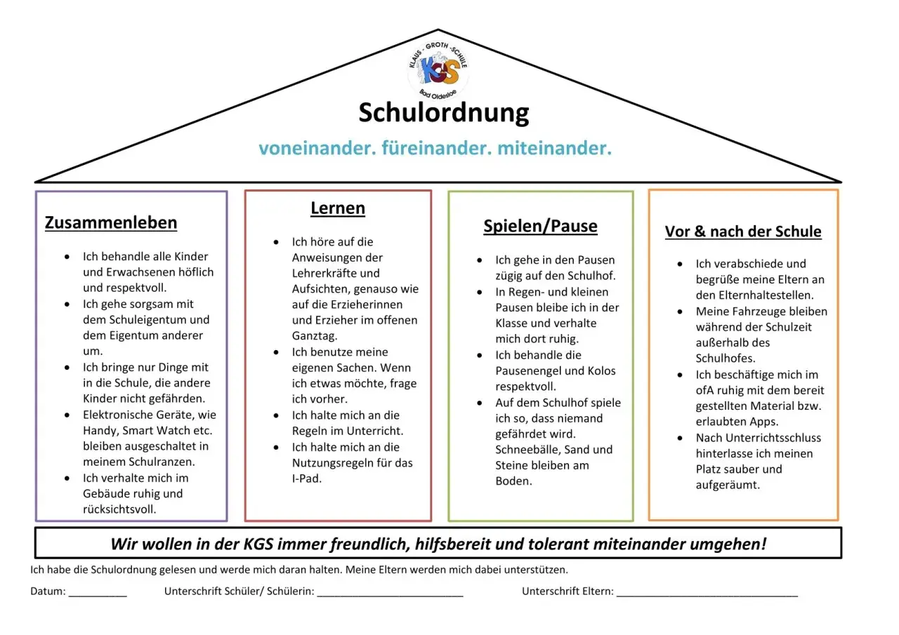 Schulordnung der KGS: Regeln für Zusammenleben, Lernen, Spielen/Pause und Verhalten vor/nach der Schule.