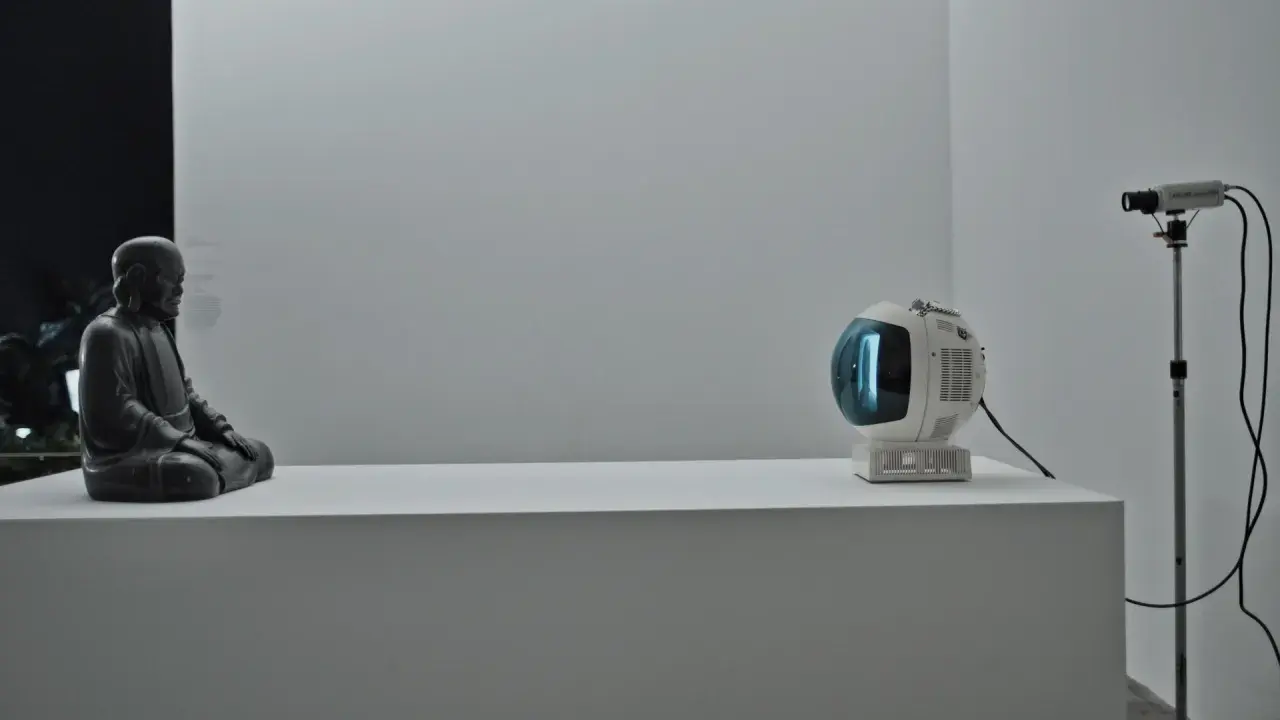 Posąg Buddy medytuje obok retro telewizora, który emituje niebieskie światło. Obok stoi kamera, jakby nagrywała ten niezwykły budda film.