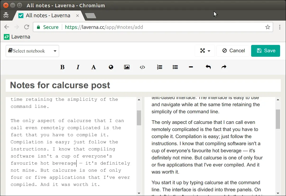 Notatki w aplikacji Laverna, tworzone są notatki o "calcurse post".