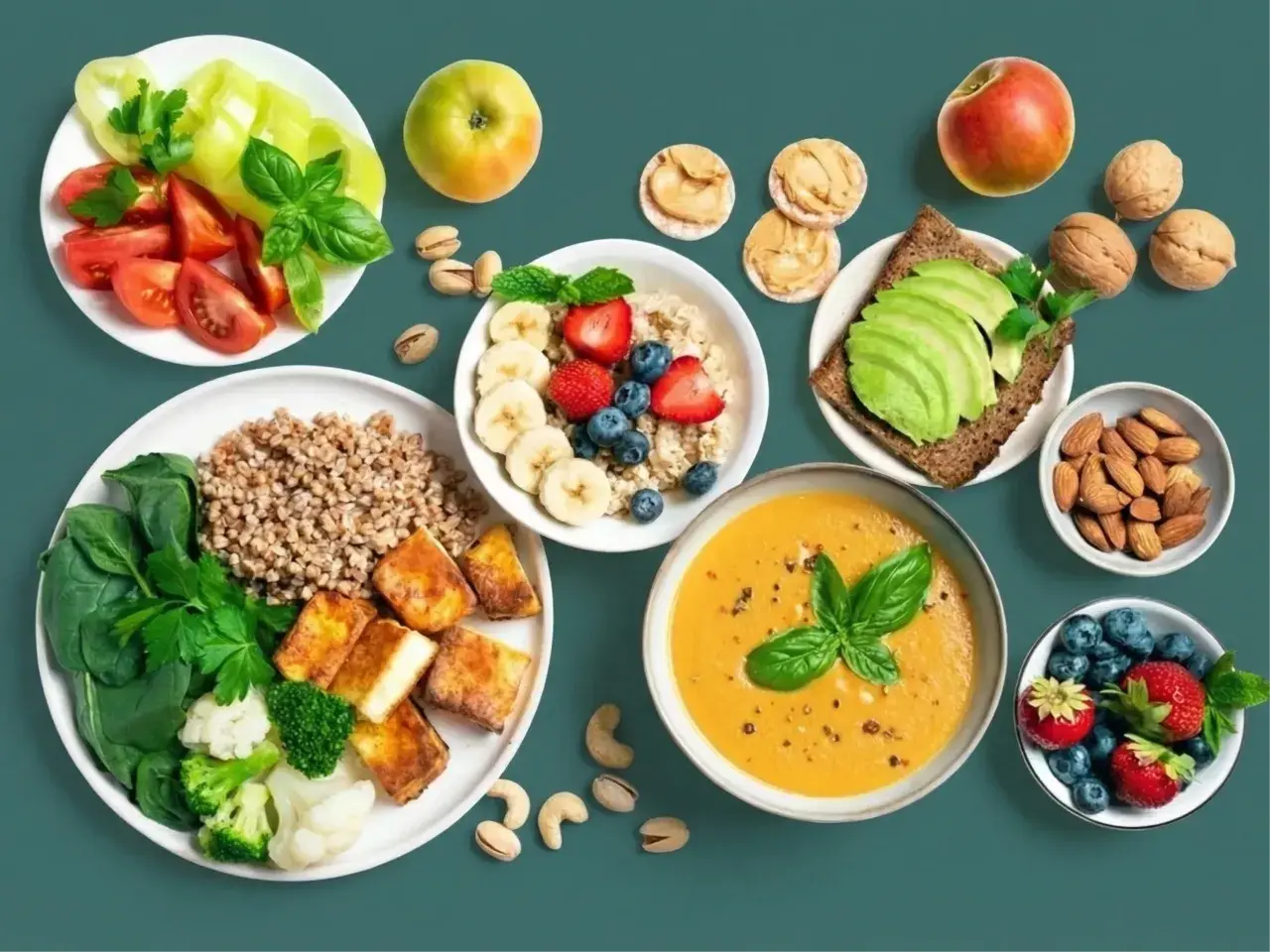Gesunde Mahlzeiten mit proteinreichen Lebensmitteln zum Abnehmen: Buchweizen, Tofu, Gemüse, Beeren, Nüsse und Avocado.