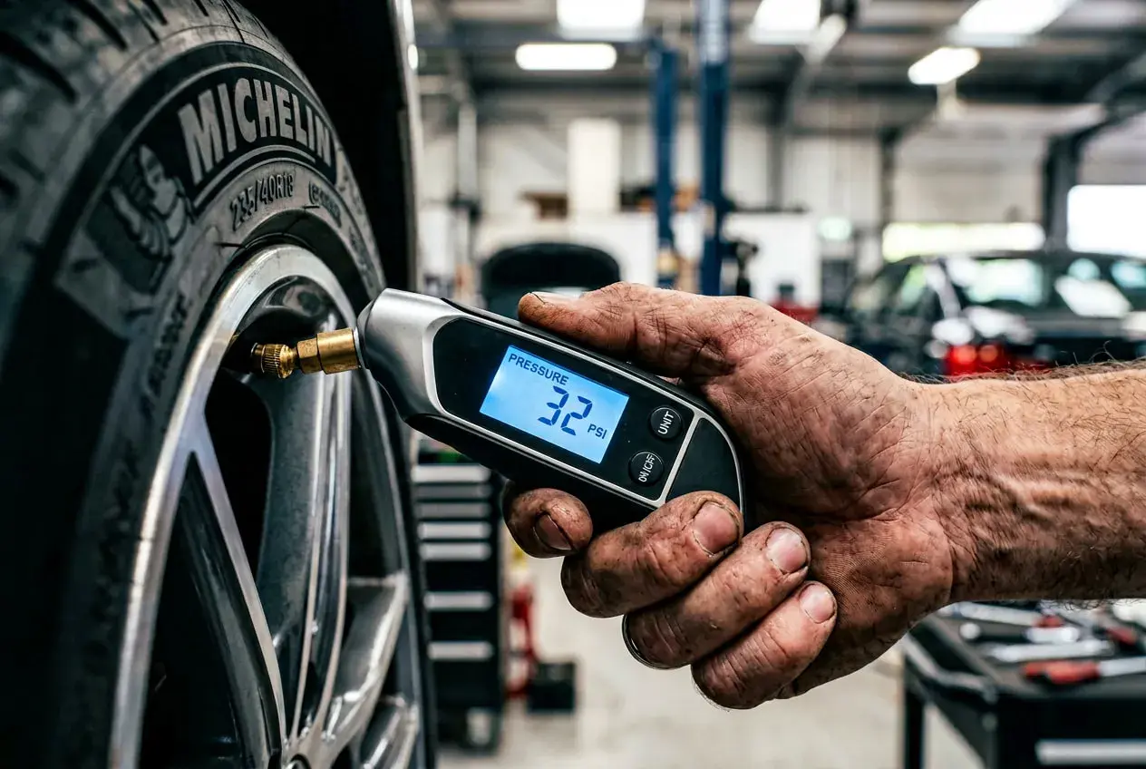Mano sucia revisa la presión de neumáticos de un coche con un medidor digital que marca 32 PSI.