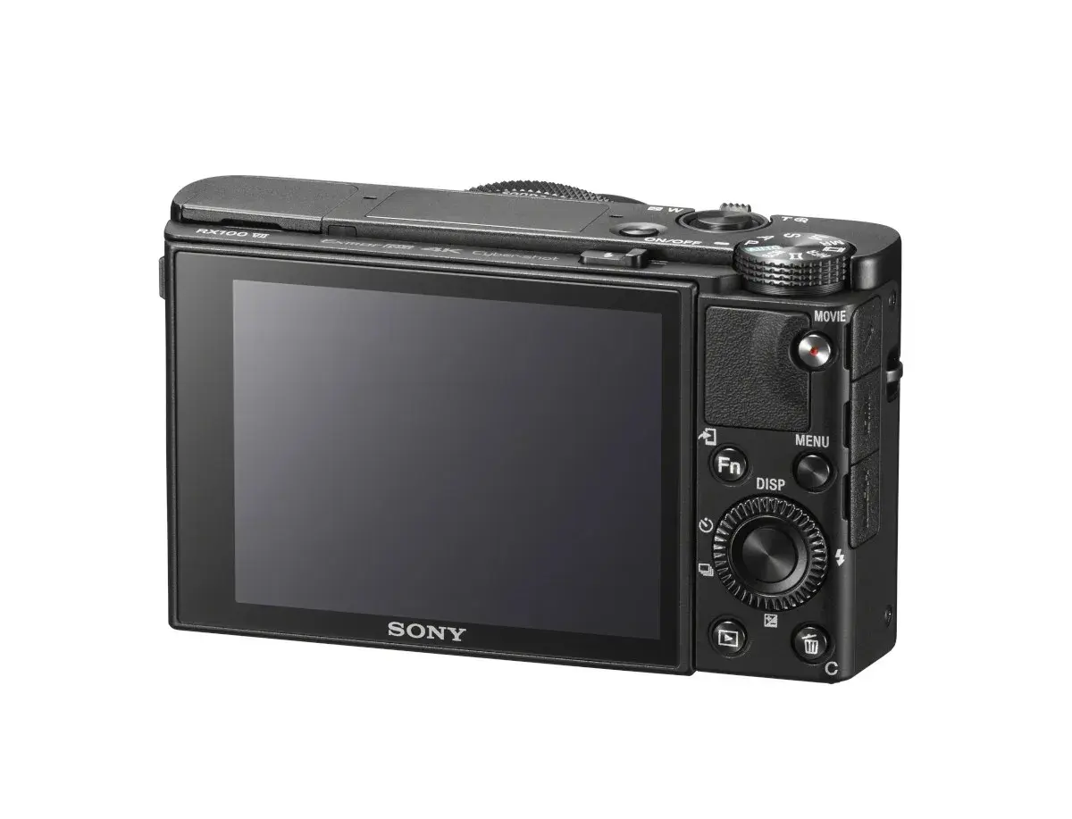 Tył aparatu Sony RX100 VIII z dużym ekranem LCD i przyciskami sterującymi.