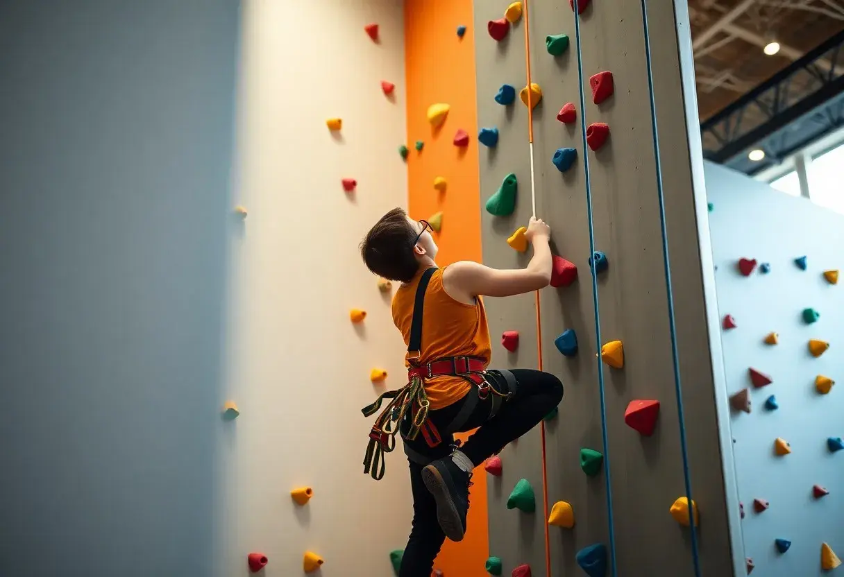 Ragazzo si allena nell'arrampicata indoor, aggrappandosi a prese colorate su un muro.