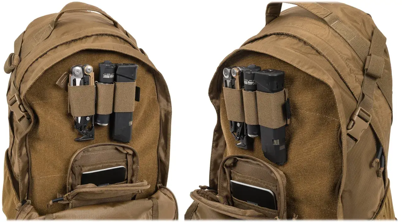 Brązowy plecak Helikon EDC Lite z multitoolem, latarką i nożem w zewnętrznych kieszeniach.