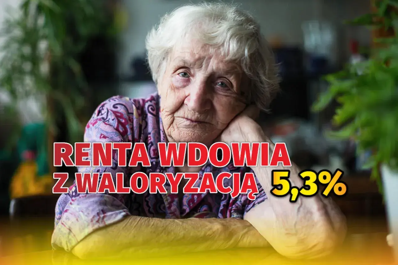 Starsza kobieta z zamyśloną miną. Napis: "Renta wdowia z waloryzacją 5,3%". Nowe zasady emerytury po mężu.