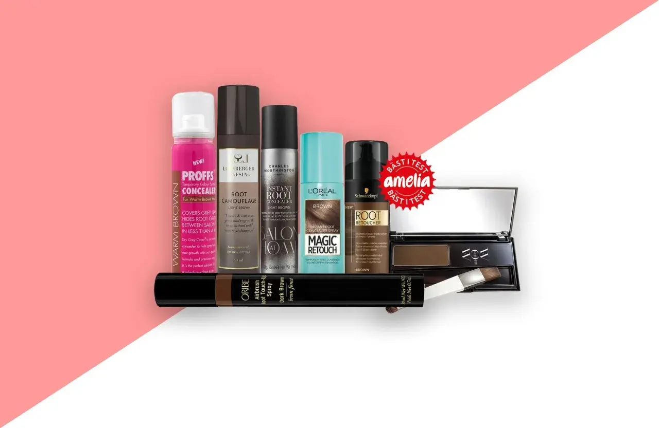 En samling produkter för att täcka utväxt och grått hår, inklusive Toppik Root Touch Up Spray.
