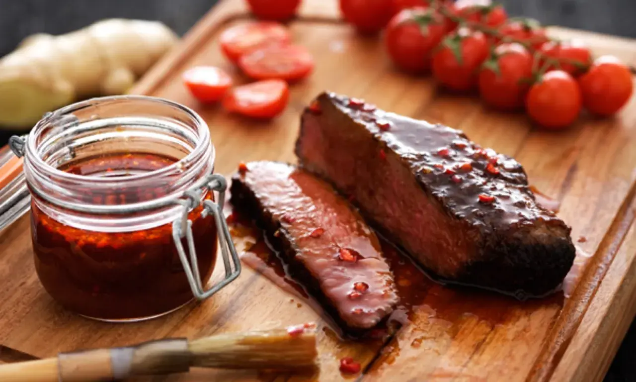 Saftigt kött med en glansig glaze, bredvid en burk med glaze recept. Tomater och ingefära i bakgrunden.