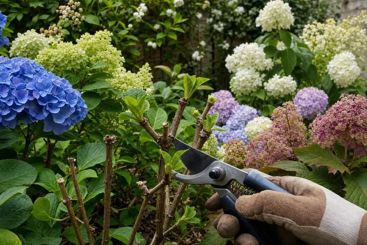 Un jardinier taille des hortensias aux couleurs vives, prêts pour quand fleurissent les hortensias.