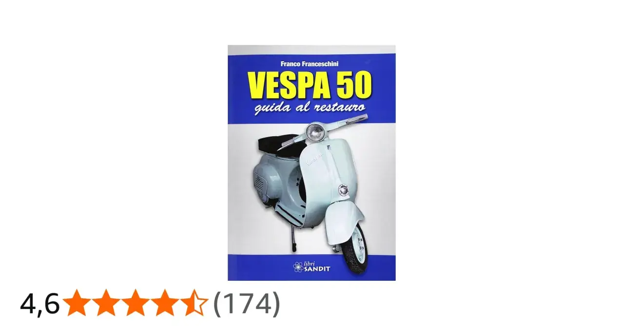 Copertina libro "Vespa 50: guida al restauro" con una Vespa 50 azzurra in primo piano.