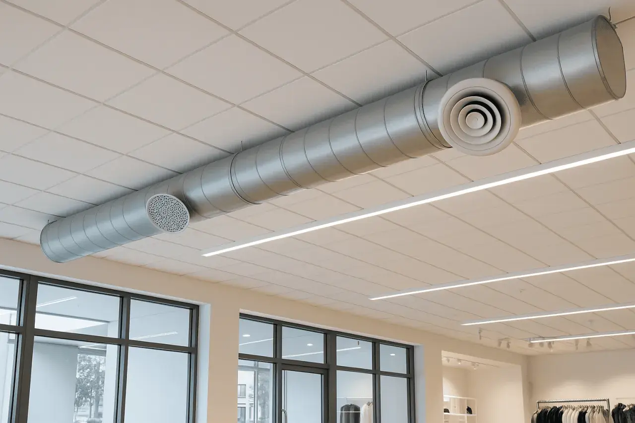 Conductos metálicos para sistemas de ventilación y extracción de aire, visibles en un techo suspendido con iluminación lineal.
