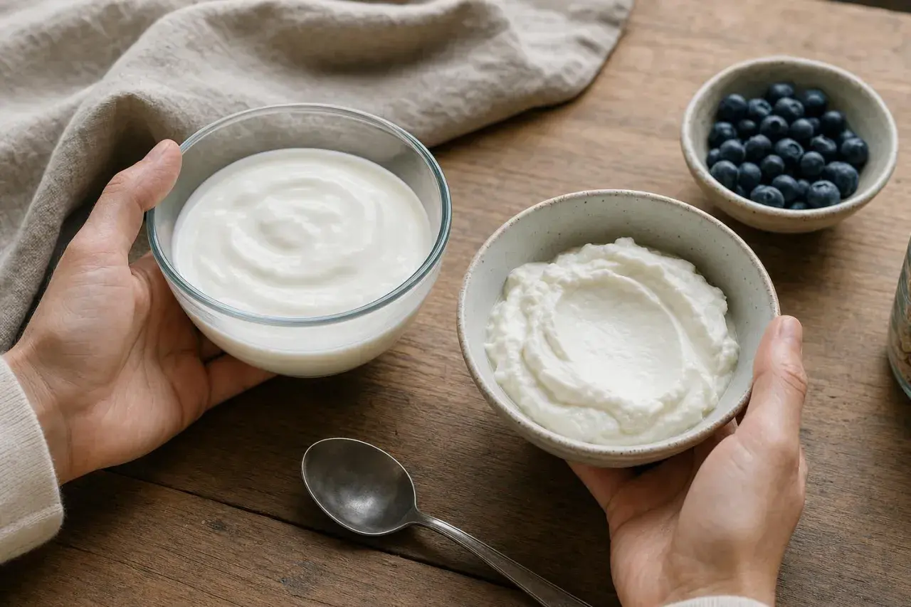 Due ciotole di yogurt, una liscia e una più densa, mostrano la differenza tra yogurt e yogurt greco.