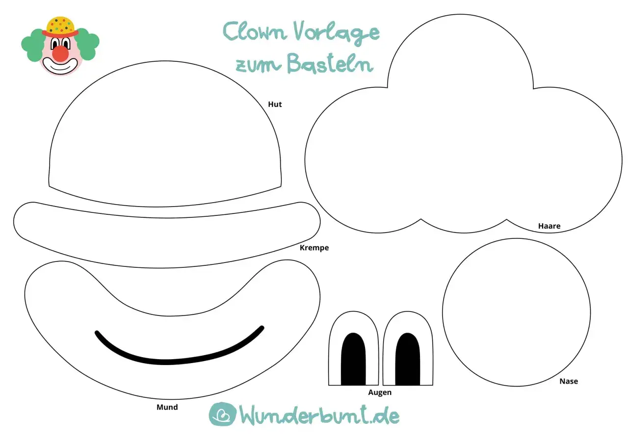 Bastelvorlage: Teile für einen Clown zum Ausschneiden und Zusammenkleben – Hut, Krempe, Haare, Nase, Augen und Mund.
