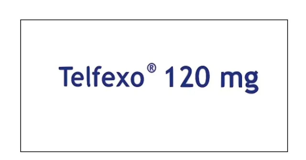 Napis "Telfexo® 120 mg" w kolorze granatowym na białym tle.