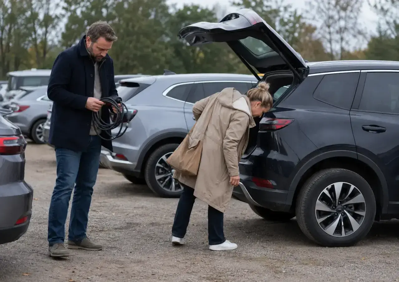 Man med laddkabel vid en begagnad elbil. Kvinna tittar i bagageluckan på en annan elbil.