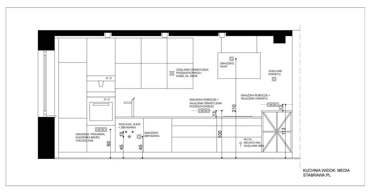 Plan kuchni z rozmieszczeniem gniazdek i punktów elektrycznych. Dowiedz się, jak narysować projekt kuchni, uwzględniając te detale.