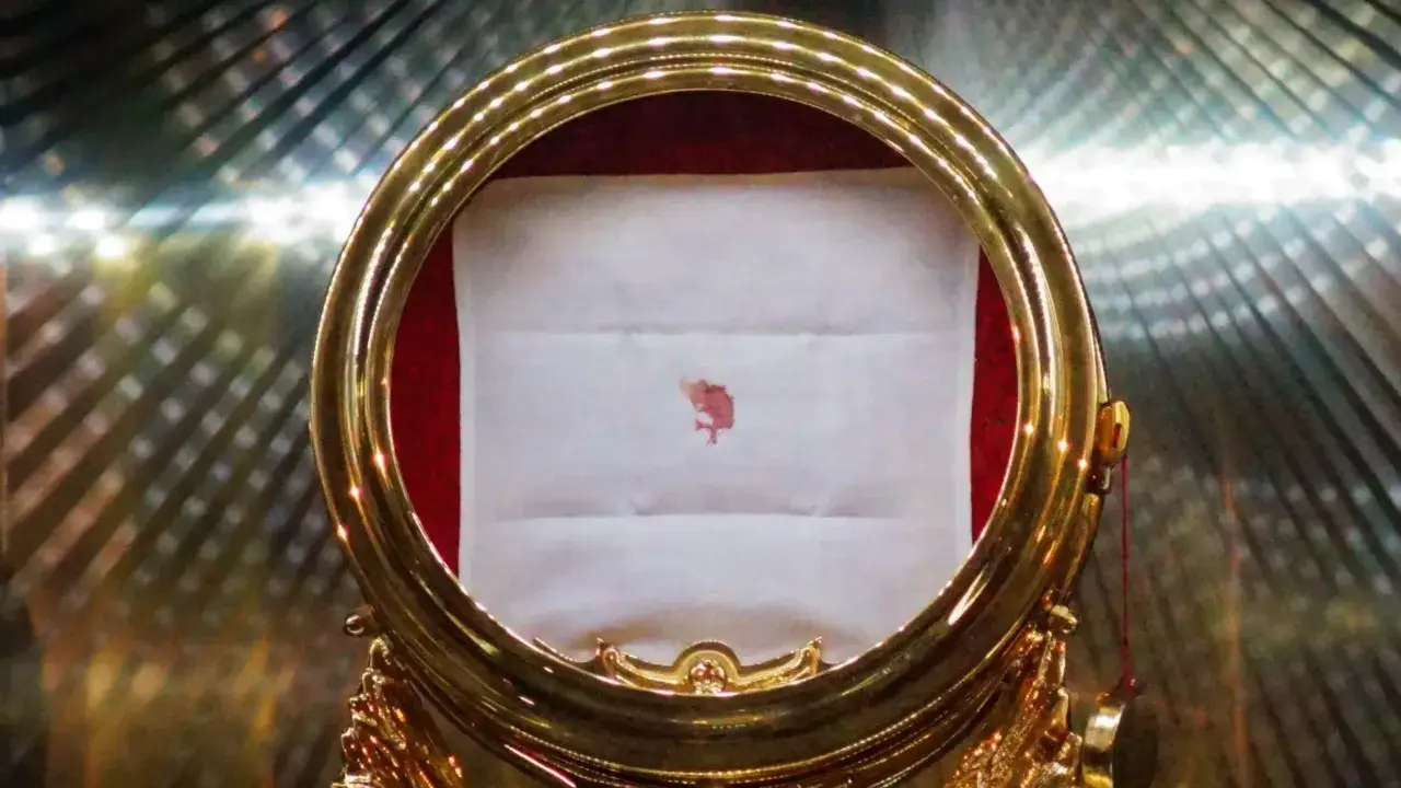 Największy cud eucharystyczny: plamka krwi na białej tkaninie w złotej monstrancji.