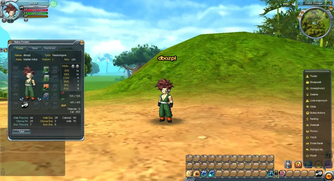 Postać z gry Dragon Ball Z Online, w zielonym stroju, z panelem statystyk postaci.