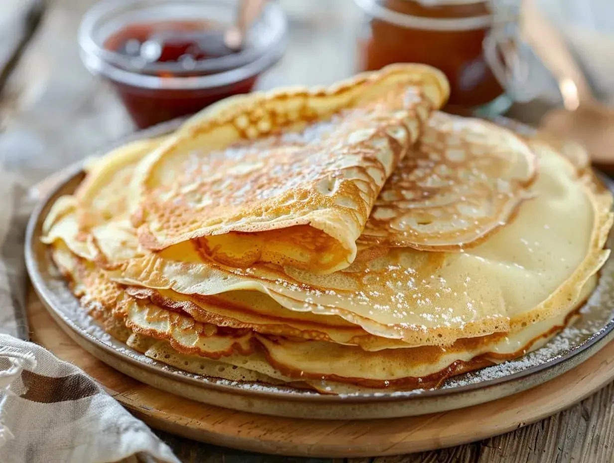 En hög med gyllene pannkakor, pudrade med florsocker. Perfekt för ett enkelt pannkakor recept.