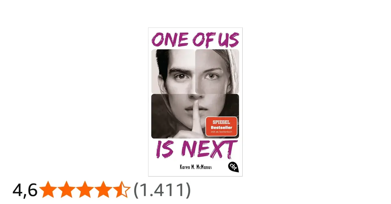 Buchcover "One of Us Is Next" von Karen M. McManus. Ein Mann und eine Frau blicken ernst in die Kamera, eine Hand hält einen Finger vor den Mund.