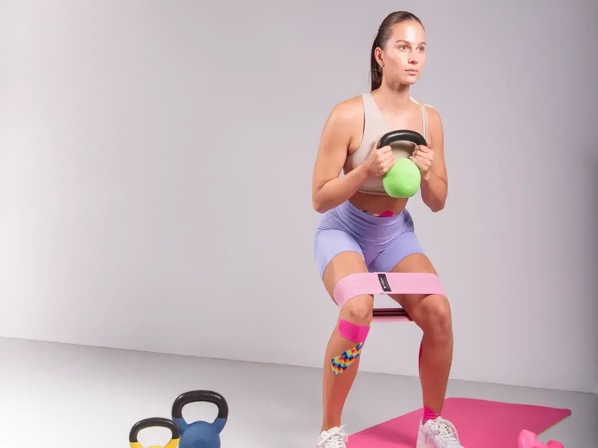 Kobieta wykonuje przysiad z kettlebell, używając taśmy oporowej na uda. To świetny sposób, jak wzmocnić mięśnie brzucha i całe ciało.