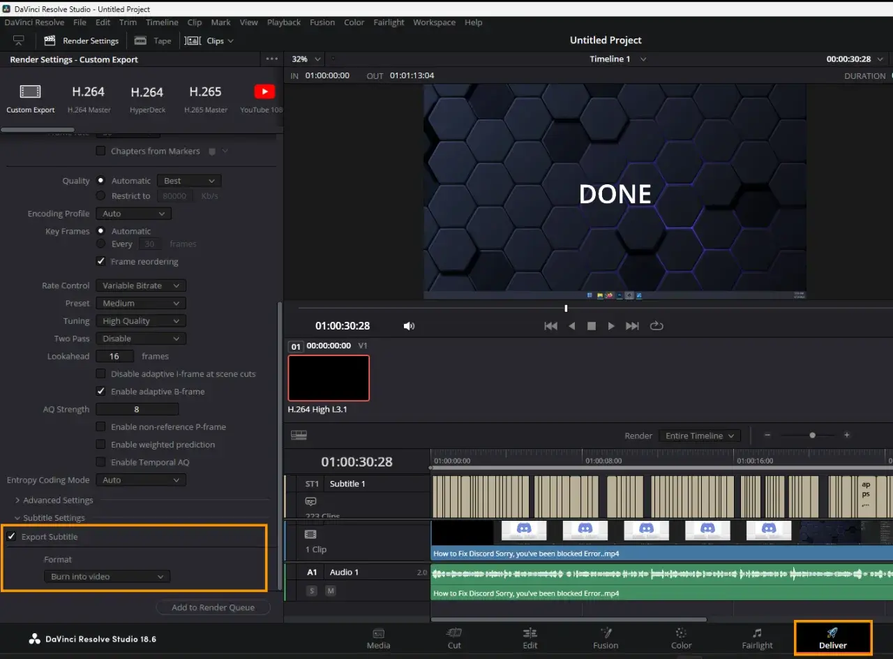 Ustawienia eksportu w DaVinci Resolve po polsku: zaznaczono "Export Subtitle" i wybrano "Burn into video".