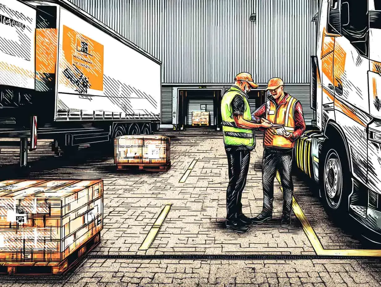 Zwei Männer besprechen einen Frachtbrief vor einem LKW und Lager. Sie prüfen Dokumente, die für den Transport von Waren wichtig sind.