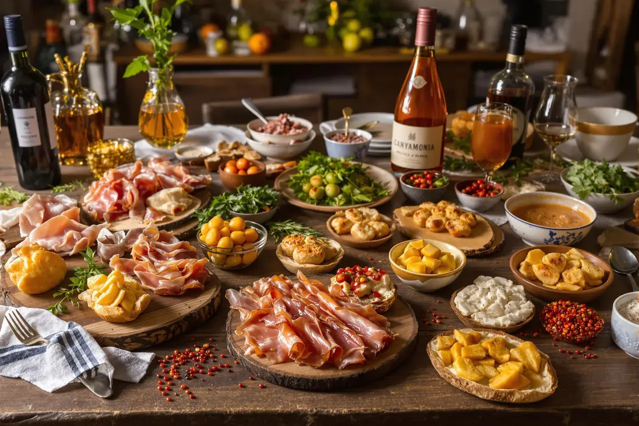 Un festin pour un apéritif : charcuterie, fromages, fruits, légumes et bouteilles de vin sur une table en bois.